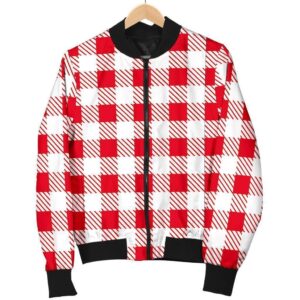 Gingham Red Pattern Print Women Casual Bomber Jacket