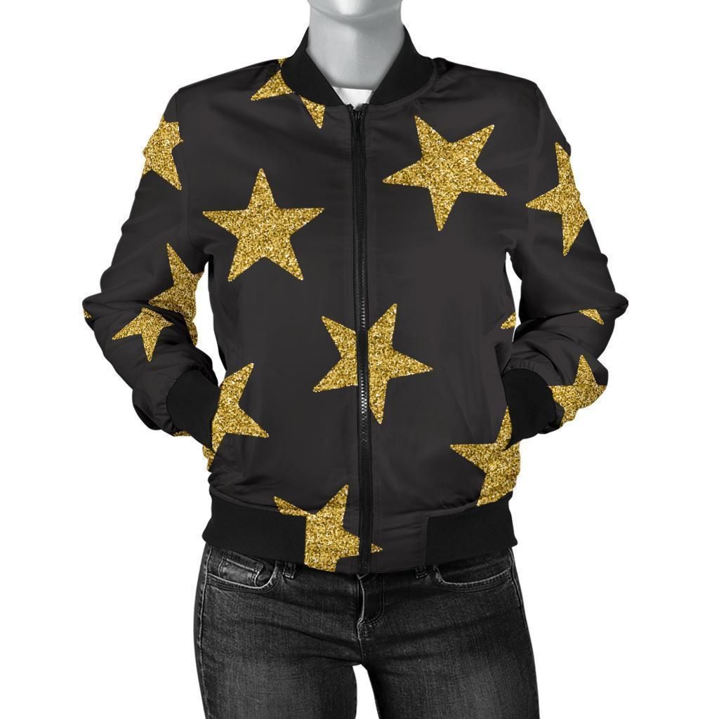 Gold-Glitter-Star-Pattern-Print-Women-Casual-Bomber-Jacket-1
