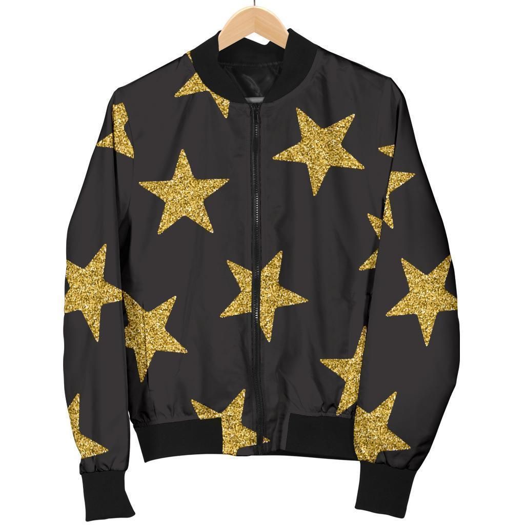 Gold Glitter Star Pattern Print Women Casual Bomber Jacket Gold Glitter Star Pattern Print Women Casual Bomber Jacket