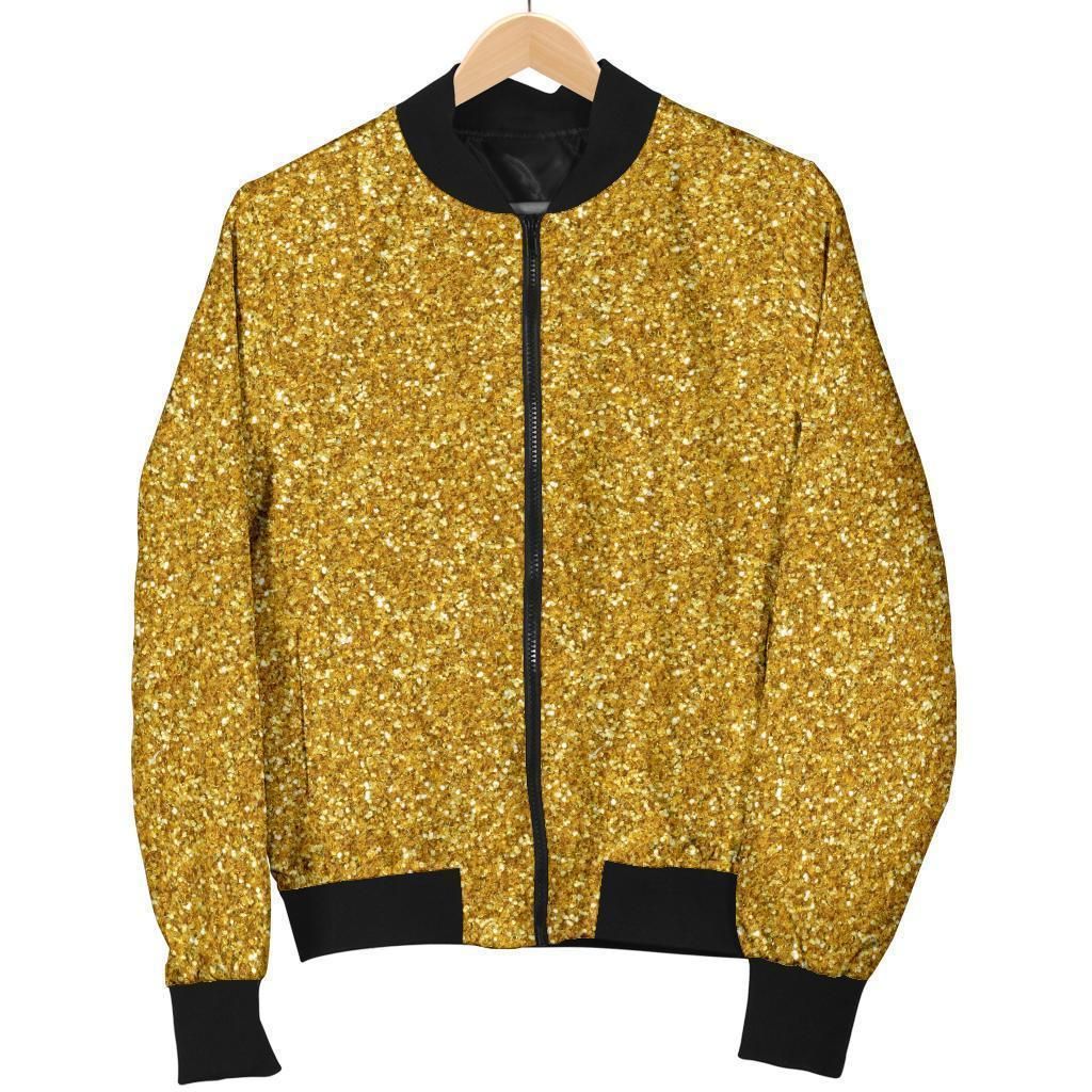 Gold Glitter Star Print Pattern Women Casual Bomber Jacket Gold Glitter Star Print Pattern Women Casual Bomber Jacket
