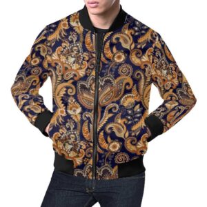 Gold Paisley Pattern Print Mens Bomber Jacket