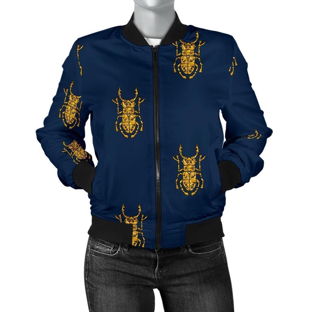 Golden-Bug-Pattern-Print-Women-Casual-Bomber-Jacket-1