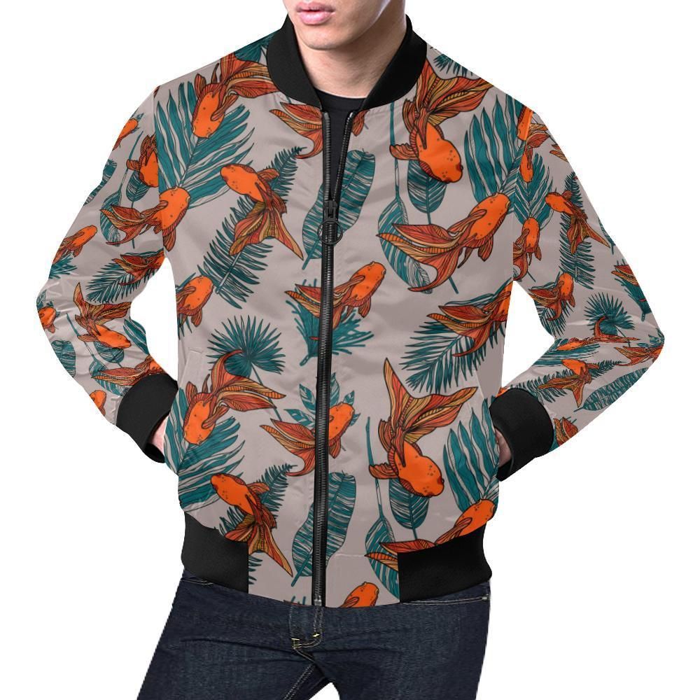 Goldfish Leaf Pattern Print Mens Bomber Jacket Goldfish Leaf Pattern Print Mens Bomber Jacket