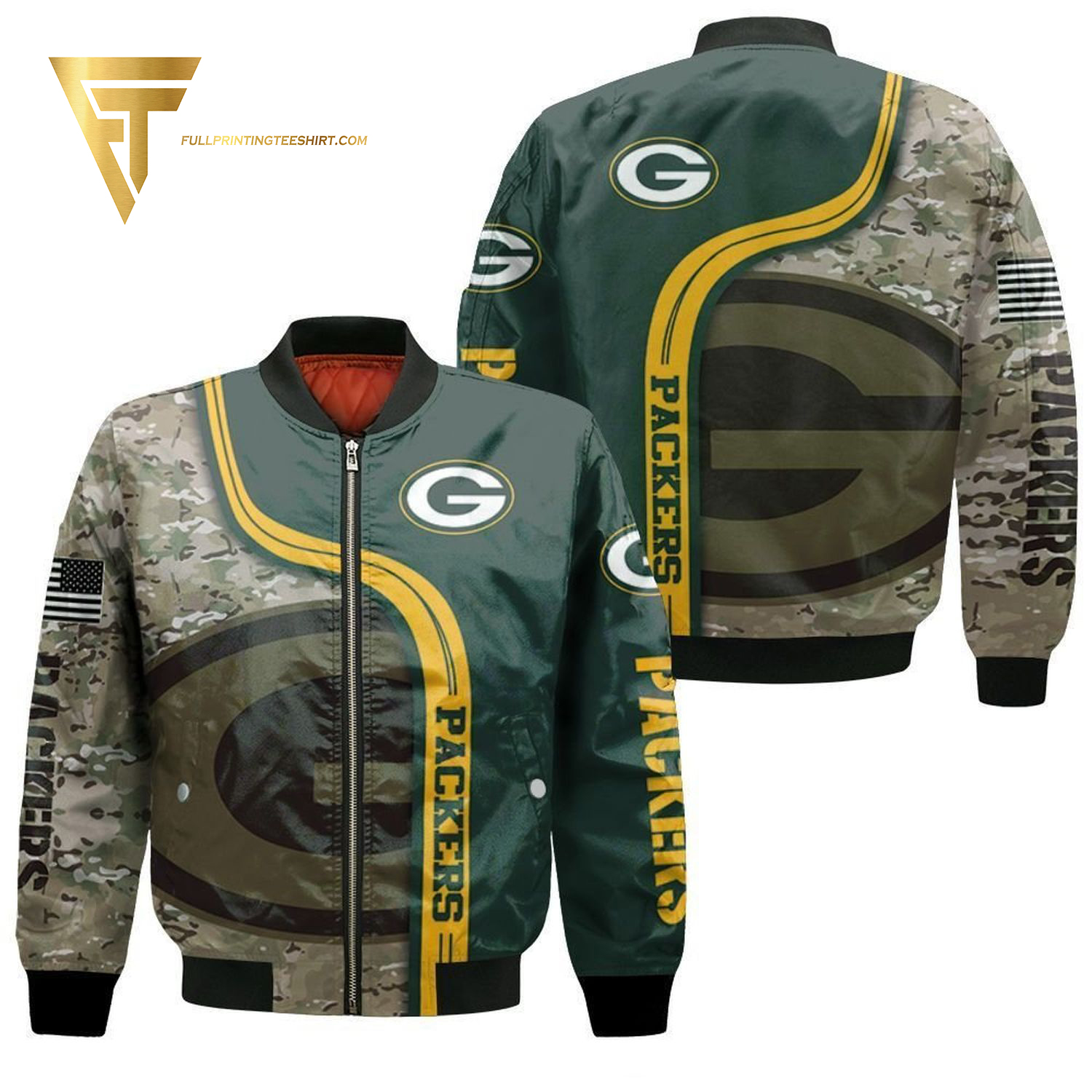 Green Bay Packers Camouflage Pattern Full Print Bomber Jacket Green Bay Packers Camouflage Pattern Full Print Bomber Jacket
