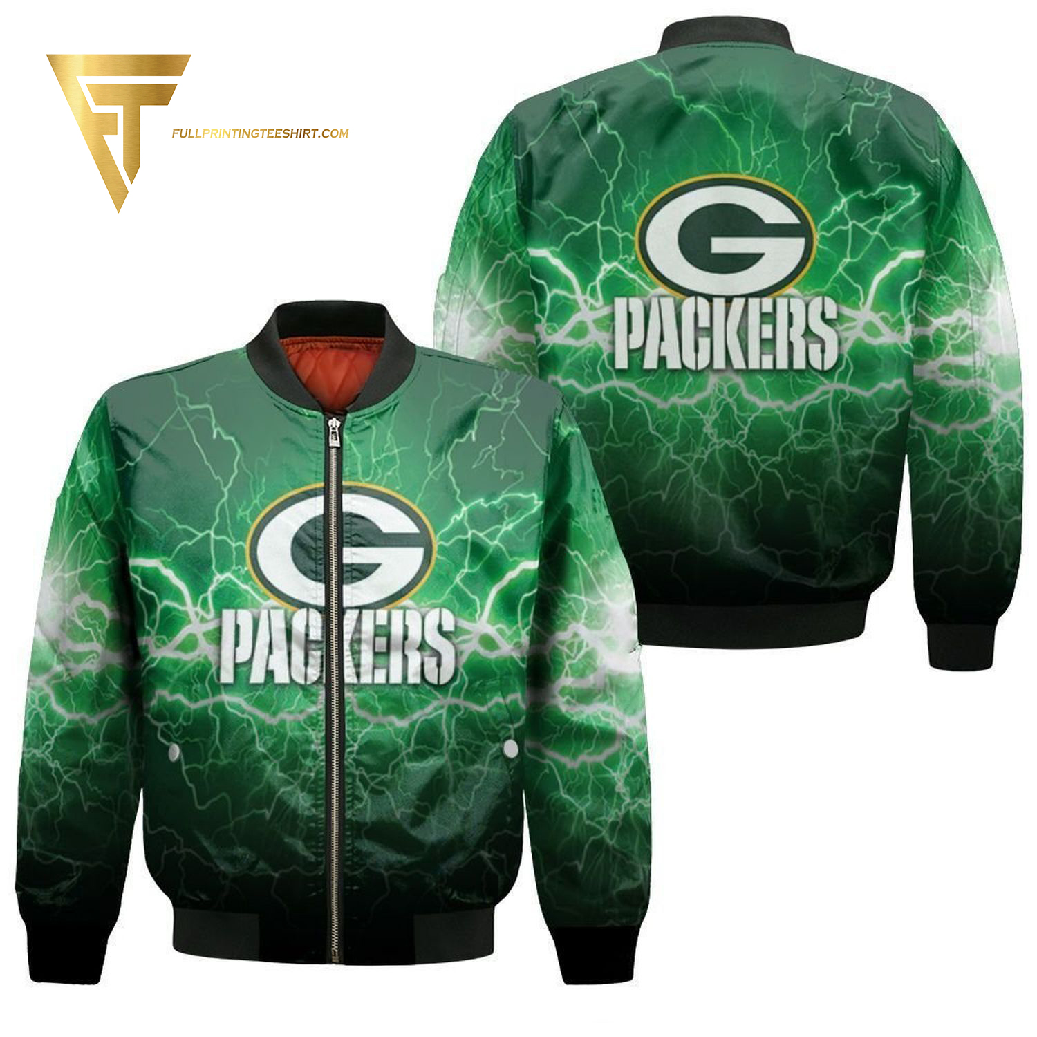 Green Bay Packers Lightning Green Full Print Bomber Jacket Green Bay Packers Lightning Green Full Print Bomber Jacket