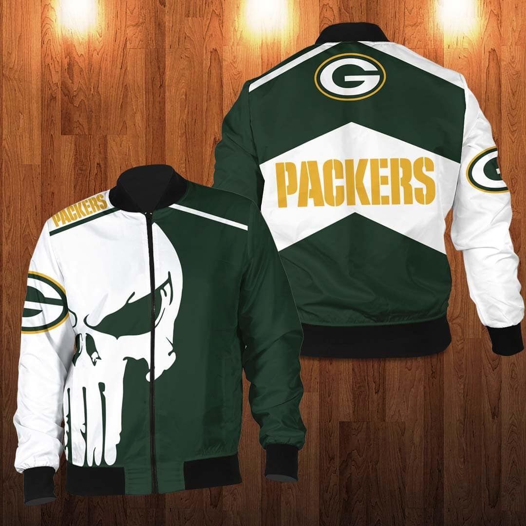 Green Bay Packers Punisher Skull Bomber Jacket Green Bay Packers Punisher Skull Bomber Jacket