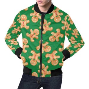 Green Gingerbread Man Chirstmas Pattern Print Mens Bomber Jacket