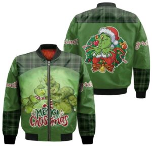 Grinch Christmas Merry Christmas Family Wreath Christmas Green 3D Designed Allover Gift For Grinch Fans Christmas Fans Bomber Jacket