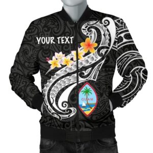 Guam Personalised Men's Bomber Jacket - Guam Seal Polynesian Patterns Plumeria (Black) - BN25 Bomber Jacket