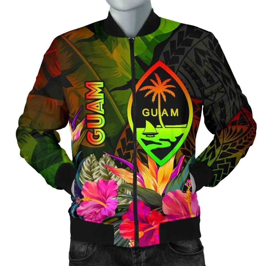 Guam Polynesian Men's Bomber Jacket - Hibiscus and Banana Leaves - BN15 Bomber Jacket Guam Polynesian Men's Bomber Jacket - Hibiscus and Banana Leaves - BN15 Bomber Jacket