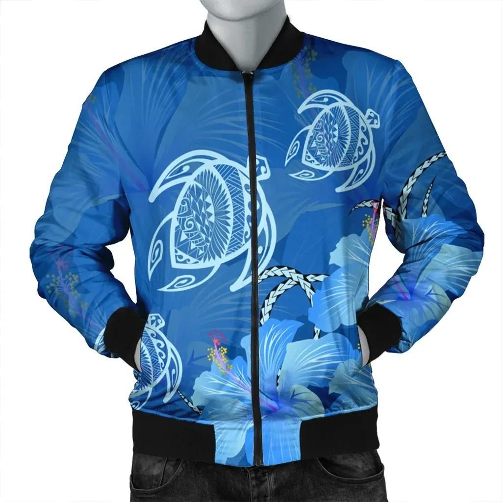 Hawaii Blue Hibiscus Turtle Polynesian Bomber Jacket - AH - J4R Bomber Jacket Hawaii Blue Hibiscus Turtle Polynesian Bomber Jacket - AH - J4R Bomber Jacket