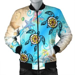 Hawaii Fresh Beach Turtle Plumeria Bomber Jacket - AH - Brian Style - J5R Bomber Jacket