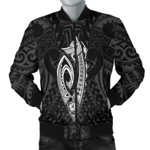 Hawaii Kakau Makau Fish Hook Kanaka Map Men's Bomber Jacket Polynesian - White - AH - J6 Bomber Jacket