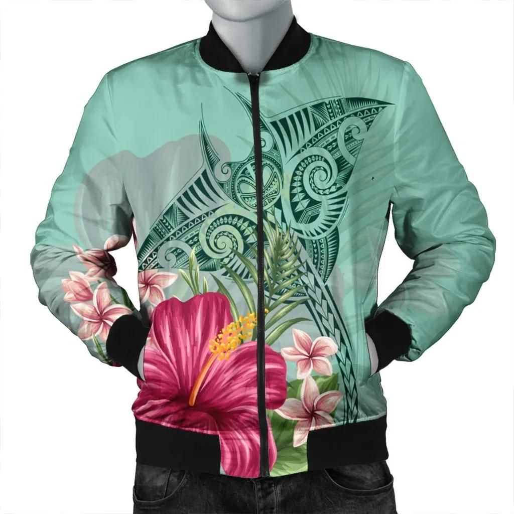 Hawaii Manta Ray Tropical Hibiscus Plumeria Bomber Jacket - AH - J4R Hawaii Manta Ray Tropical Hibiscus Plumeria Bomber Jacket - AH - J4R