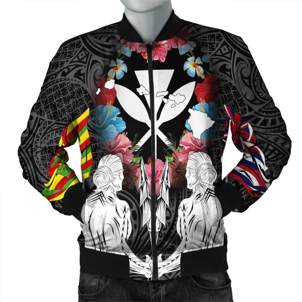 Hawaii Map Kanaka Two Men Holding Flag Bomber Jacket - AH - J5R Bomber Jacket Hawaii Map Kanaka Two Men Holding Flag Bomber Jacket - AH - J5R Bomber Jacket