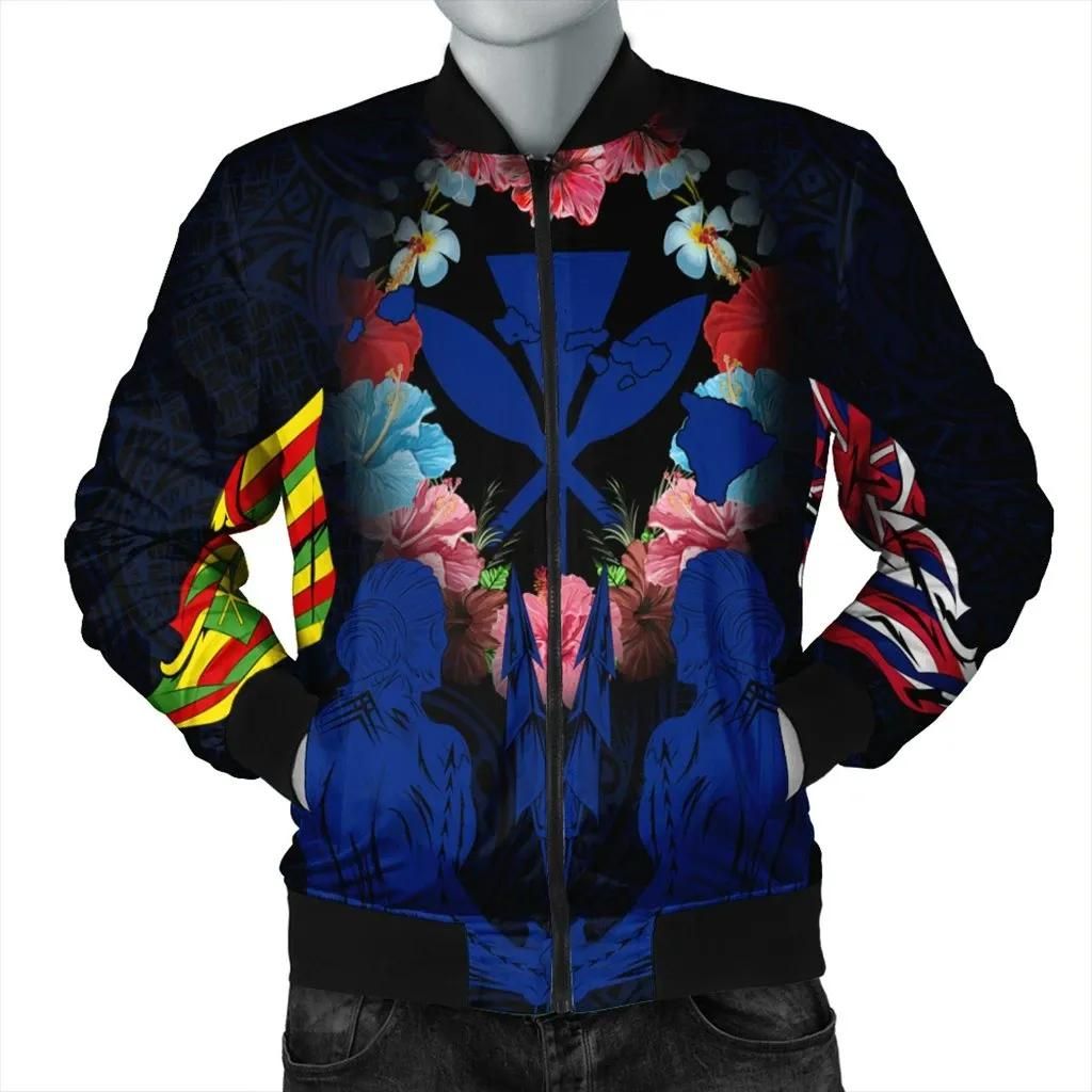 Hawaii Map Kanaka Two Men Holding Flag Bomber Jacket Blue - AH - J5R Bomber Jacket Hawaii Map Kanaka Two Men Holding Flag Bomber Jacket Blue - AH - J5R Bomber Jacket