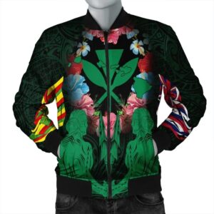 Hawaii Map Kanaka Two Men Holding Flag Bomber Jacket Green - AH - J5R Bomber Jacket