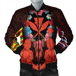 Hawaii Map Kanaka Two Men Holding Flag Bomber Jacket Orange - AH - J5R Bomber Jacket