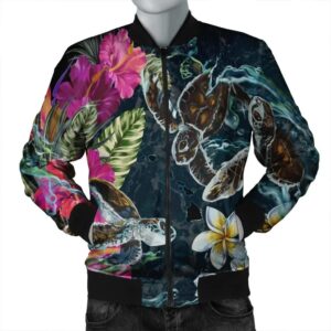Hawaii Map Turtle Swimming Hibiscus Plumeria Moana Bomber Jacket - AH - J5R Bomber Jacket