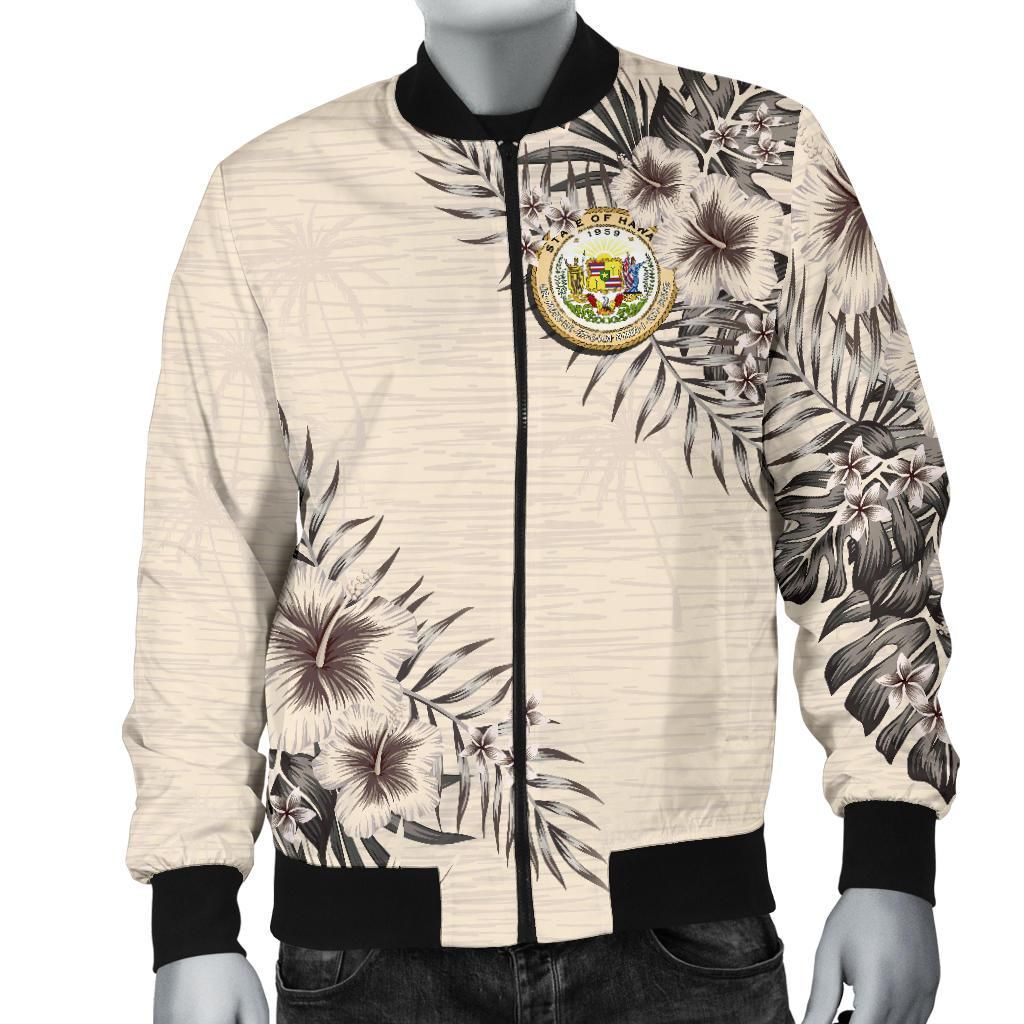 Hawaii Men's Bomber Jacket - The Beige Hibiscus A7 Bomber Jacket Hawaii Men's Bomber Jacket - The Beige Hibiscus A7 Bomber Jacket