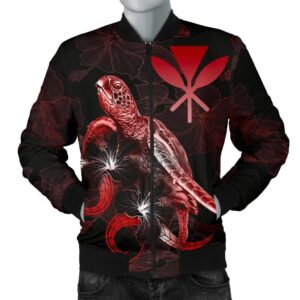 Hawaii Polynesian Men's Bomber Jacket - Turtle With Blooming Hibiscus Red  - BN22 Bomber Jacket