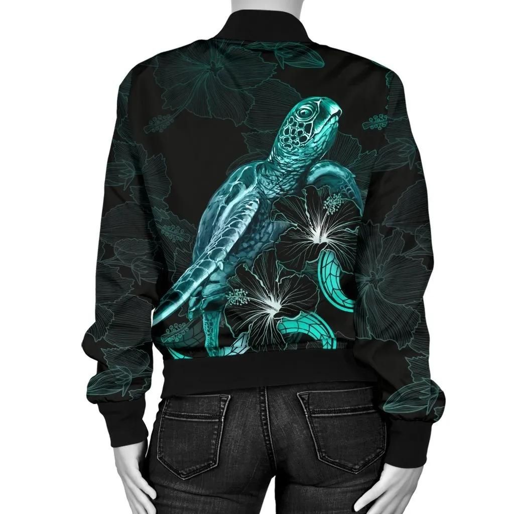 Hawaii-Polynesian-Womens-Bomber-Jacket-Turtle-With-Blooming-Hibiscus-Turquoise-BN22-Bomber-Jacket-1