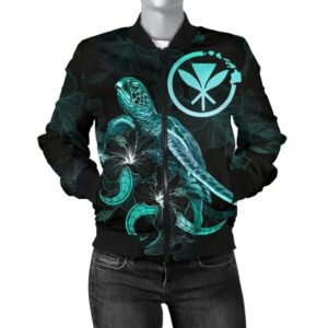 Hawaii Polynesian Women's Bomber Jacket - Turtle With Blooming Hibiscus Turquoise - BN22 Bomber Jacket