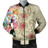 Hawaii Triple Marble Turtle Polynesian Hibiscus Bomber Jacket - AH - Benjamin Style - Beige - J5R Bomber Jacket