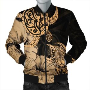 Hawaii Turtle Bomber Jacket Polynesian Hibiscus Art Gold - AH - JR Bomber Jacket
