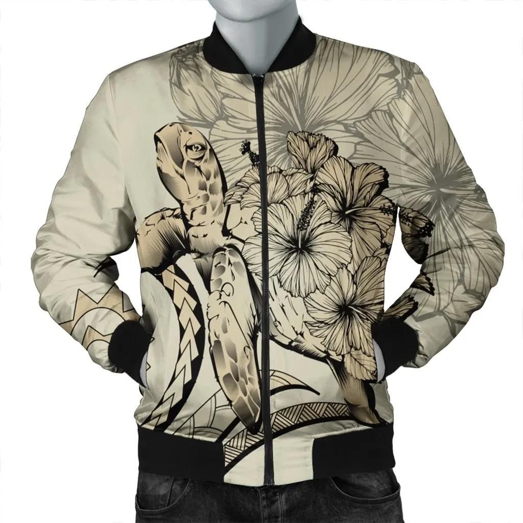 Hawaii Turtle Hibiscus Polynesian Vintage Bomber Jacket - Beige - AH - J4R Bomber Jacket Hawaii Turtle Hibiscus Polynesian Vintage Bomber Jacket - Beige - AH - J4R Bomber Jacket