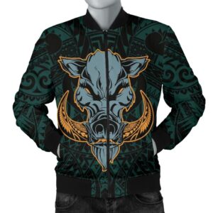 Hawaii Wild Boar Kamapua'a Men's Bomber Jacket - Turquoise - Hawaiian Mythology Style - AH - J6 Bomber Jacket