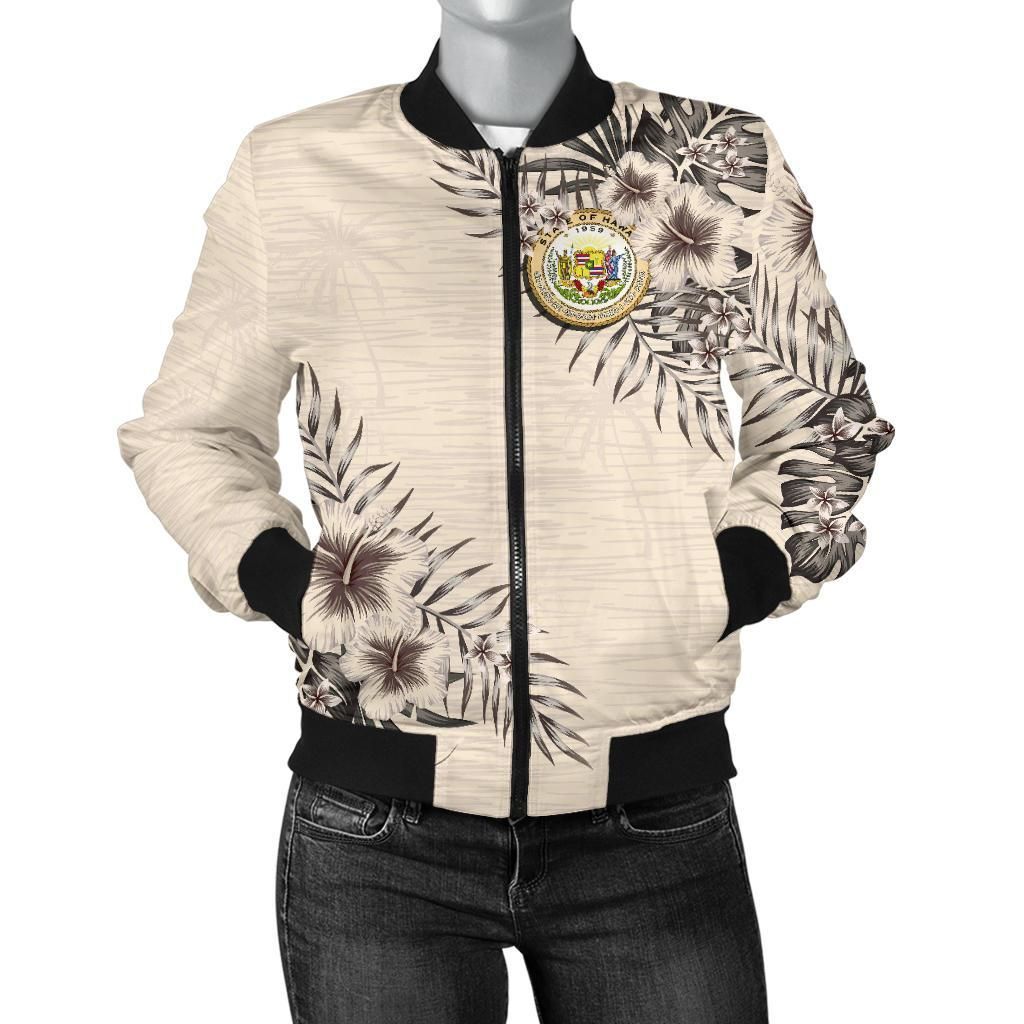 Hawaii Women's Bomber Jacket - The Beige Hibiscus A7 Bomber Jacket Hawaii Women's Bomber Jacket - The Beige Hibiscus A7 Bomber Jacket