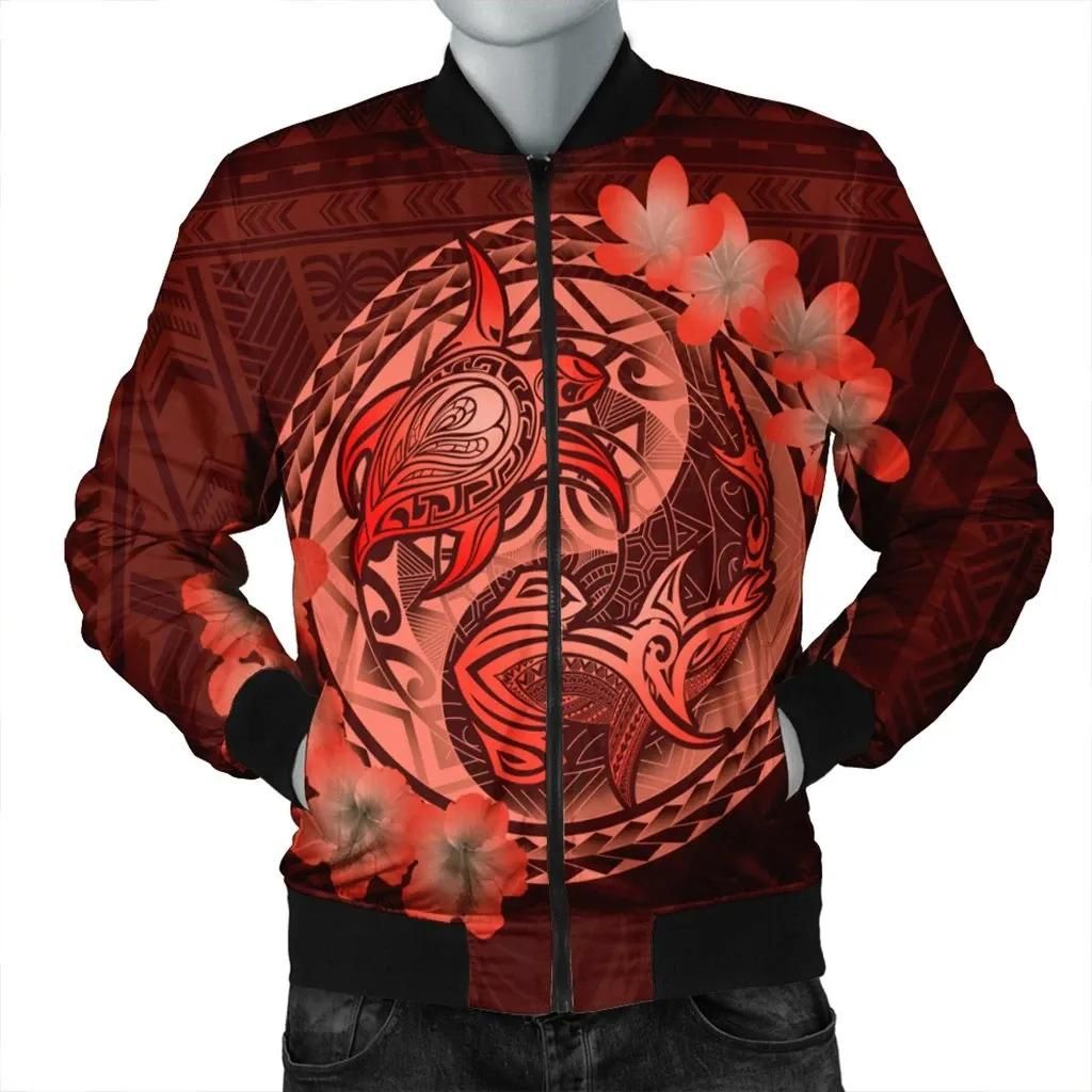 Hawaii Yin Yang Turtle Shark Hibiscus Plumeria Bomber Jacket - Orange - AH - J4R Hawaii Yin Yang Turtle Shark Hibiscus Plumeria Bomber Jacket - Orange - AH - J4R