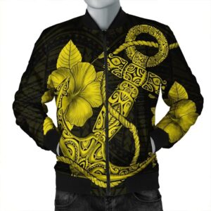 Hawaiian Anchor Poly Tribal Hibiscus Polynesian Bomber Jacket Yellow - AH - JR