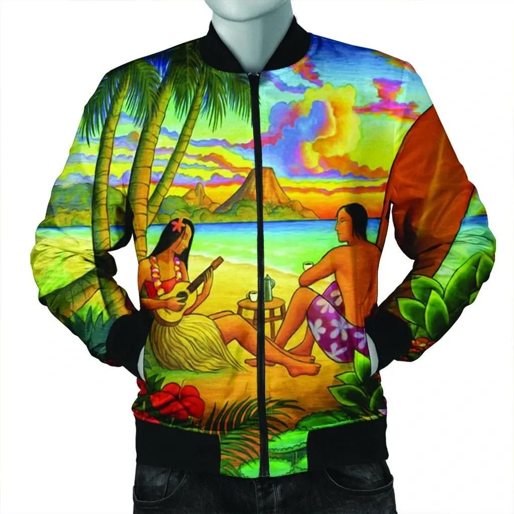 Hawaiian Couple Sing A Song On Beach Sunset Bomber Jacket - AH - JR Bomber Jacket Hawaiian Couple Sing A Song On Beach Sunset Bomber Jacket - AH - JR Bomber Jacket