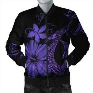 Hawaiian Fish Hook Hibiscus Plumeria Polynesian Bomber Jacket - Purple - AH - J4R Bomber Jacket