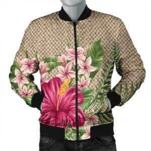 Hawaiian Hibiscus Plumeria Palm Leaves Lauhala Background Polynesian Bomber Jacket - AH - A0 Bomber Jacket