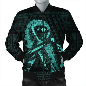 Hawaiian Map Heart Ribbon Cancer Hibiscus Turquoise Polynesian Bomber Jacket - AH - J4R Bomber Jacket