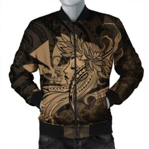 Hawaiian Map Hula Girl Hibiscus Kanaka Polynesian Bomber Jacket - Gold - AH - J4R