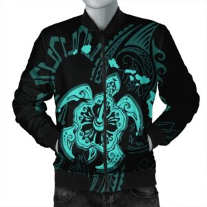 Hawaiian Map Kanaka Hibiscus Turtle Turquoise Polynesian Bomber Jacket - AH - J4R Bomber Jacket