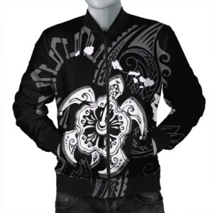 Hawaiian Map Kanaka Hibiscus Turtle White Polynesian Bomber Jacket - AH - J4R Bomber Jacket