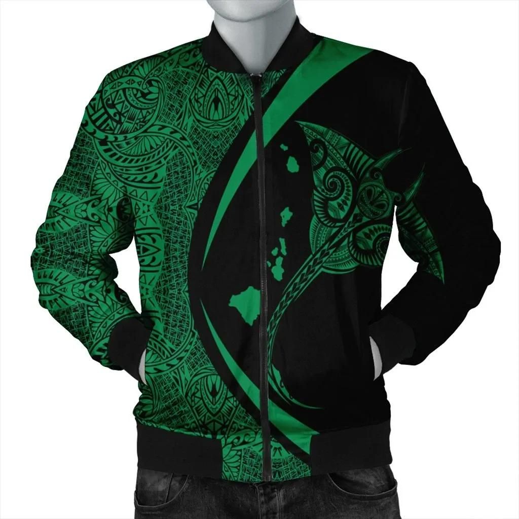 Hawaiian Map Manta Ray Polynesian Bomber Jacket - Green - Circle Style - AH - J4R Bomber Jacket Hawaiian Map Manta Ray Polynesian Bomber Jacket - Green - Circle Style - AH - J4R Bomber Jacket