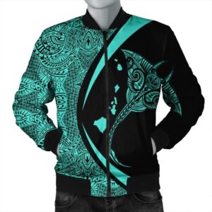Hawaiian Map Manta Ray Polynesian Bomber Jacket - Turquoise - Circle Style - AH - J4R Bomber Jacket