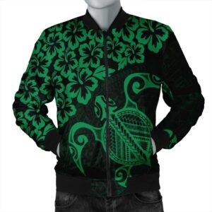 Hawaiian Map Turtle Hibiscus Kanaka Polynesian Bomber Jacket - Green - AH - J4R Bomber Jacket