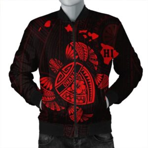 Hawaiian Map Turtle Ohana Hibicus Polynesian Bomber Jacket - Red - AH - J6R Bomber Jacket