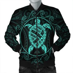 Hawaiian Map Turtle Wave Polynesian Bomber Jacket Turquoise - AH - J4R Bomber Jacket