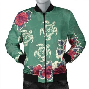 Hawaiian Turtle And Colorful Hibiscus Polynesian Bomber Jacket - AH - JR Bomber Jacket