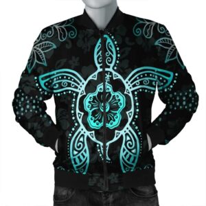 Hawaiian Turtle And Hibiscus Polynesian Bomber Jacket Turquoise - AH - JR Bomber Jacket