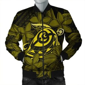 Hawaiian Turtle Hibiscus Plumeria Kanaka Polynesian Bomber Jacket Yellow - Soft Style - AH - J4R