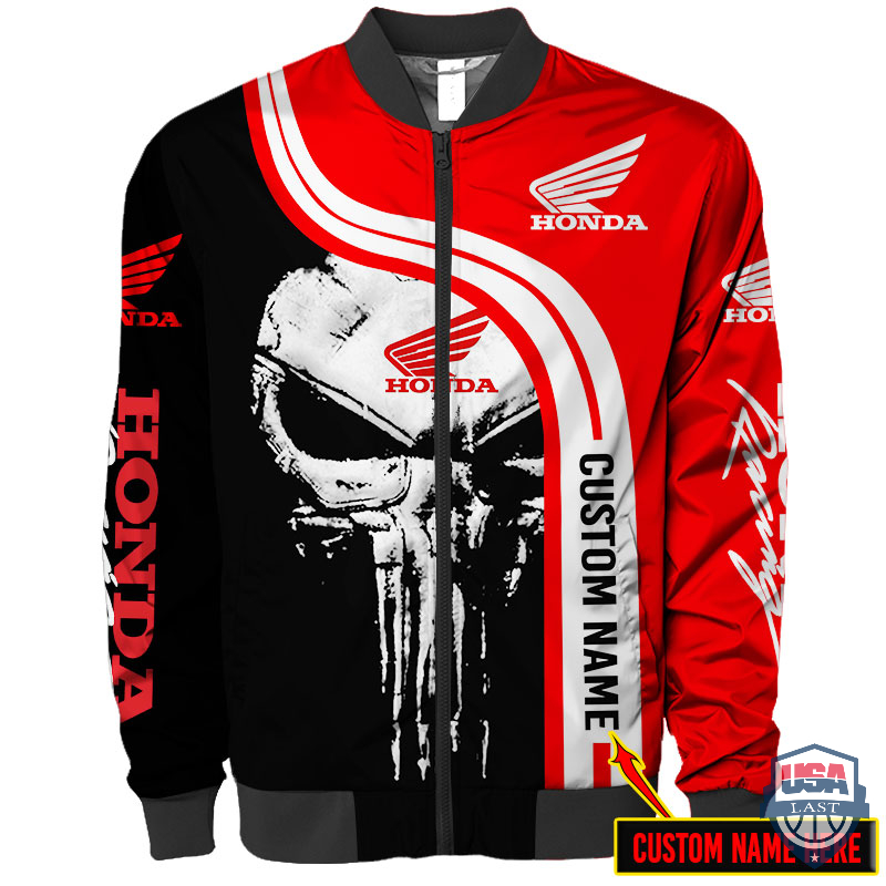 Honda Punisher Skull Custom Name Bomber Jacket Honda Punisher Skull Custom Name Bomber Jacket